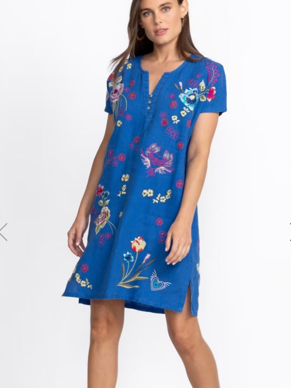 Johnny Was Jessi Button Front Linen Dress Nautical Blue Embroidered